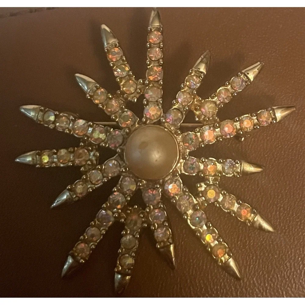 Vintage EMMONS Brooch Starburst AB Rhinestones & Faux Pearl Gold Tone Pin